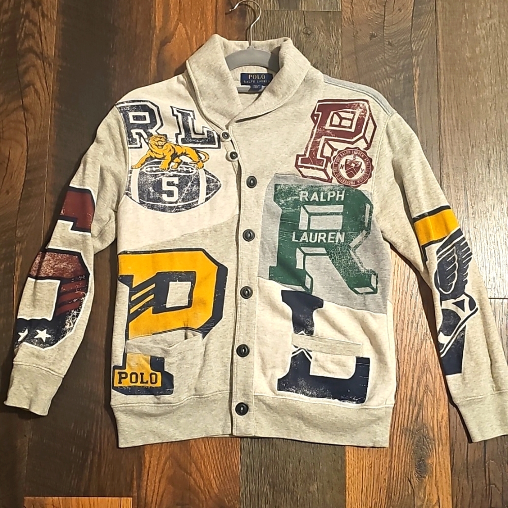 Ralph Lauren Rugby Style Graphic Cardigan - Gray and Multicolor Kids Med. 10/12
